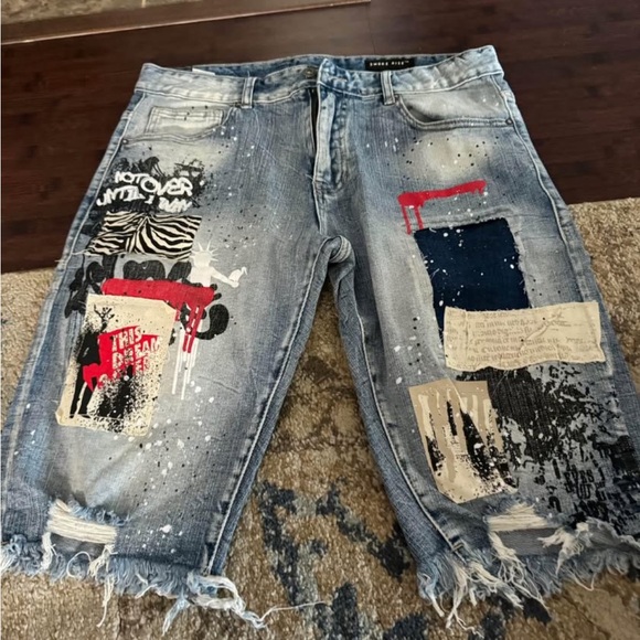 Rocawear Blue and Red Jean Shorts with Distressed Details